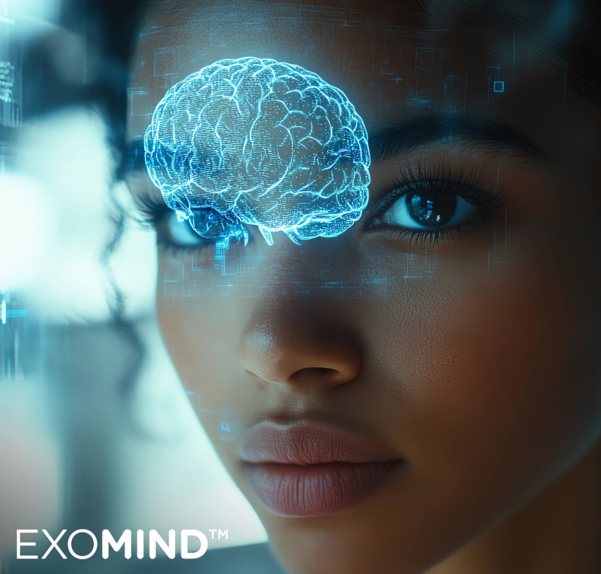 A photo of a woman imagining a human brain